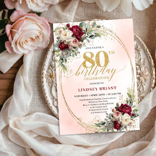 Feminine Boho Floral Burgundy 80th Birthday Invite Einladung