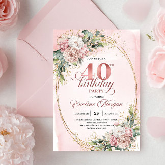 Feminine Boho Pastell Rosa Floral 40. Geburtstag Einladung