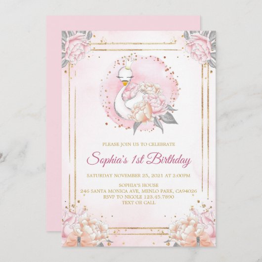 Feminine Boho Swan Princess Pink Blush Birthday Einladung (Vorne/Hinten)