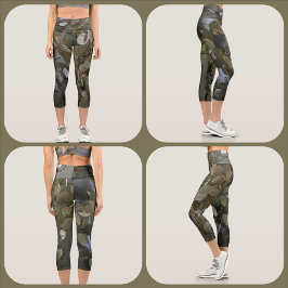 Feminine Camouflage Green und Grau Capri Leggings