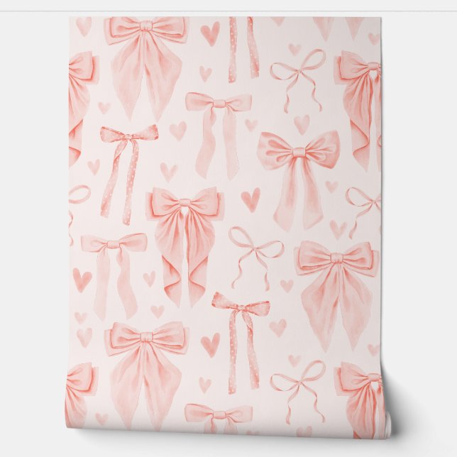 Feminine Coral Bows and Hearts Soft Pastel Tapete (Abrollen)