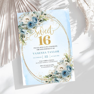 Feminine Dusty Blue Floral Sweet Sixteen Invite Einladung