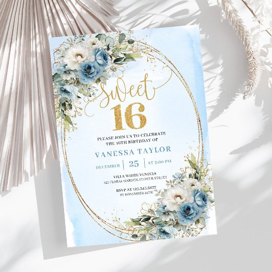 Feminine Dusty Blue Floral Sweet Sixteen Invite Einladung