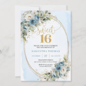 Feminine Dusty Blue Floral Sweet Sixteen Invite Einladung (Vorderseite)