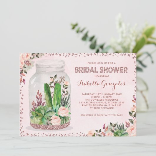 Feminine Fiesta Brautparty Floral Terrarium Einladung (Stehend Vorderseite)