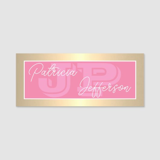 Feminine Flamingo Pink & Luxury Gold Chic Monogram Namensschild (Vorderseite)