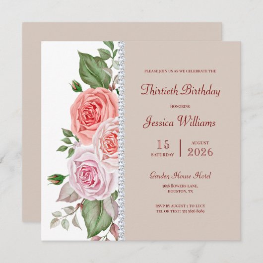 Feminine Floral & Diamond 30. Geburtstag Einladung (Vorne/Hinten)