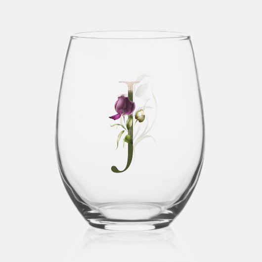 Feminine Floral Monogram Letter J Weinglas Ohne Stiel (Vorderseite)