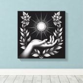 Feminine Hand Holding Radiant Sun Illustration Leinwanddruck (Insitu (Holzboden))