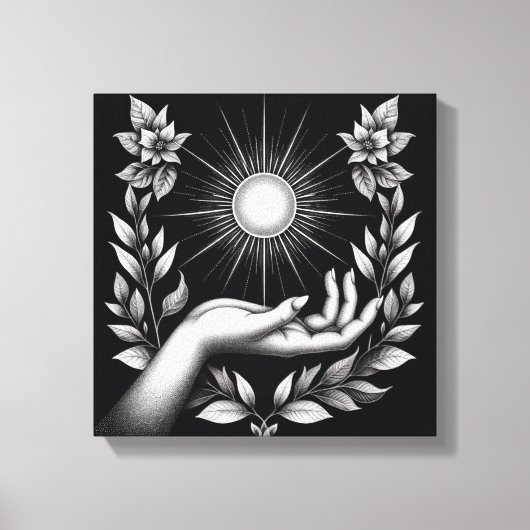 Feminine Hand Holding Radiant Sun Illustration Leinwanddruck (Vorderseite)