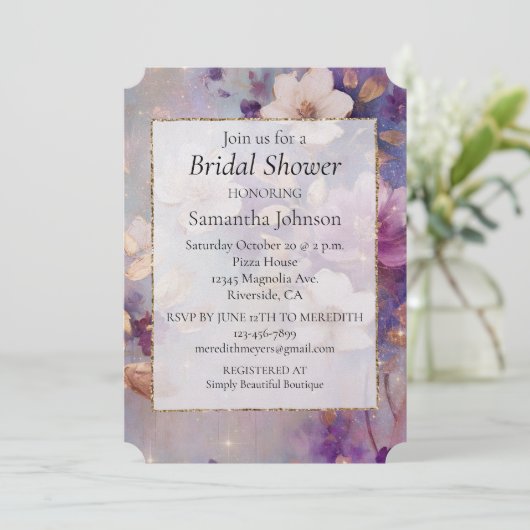 Feminine Hübsch White Glam Gold Lila Blüte Einladung (Stehend Vorderseite)