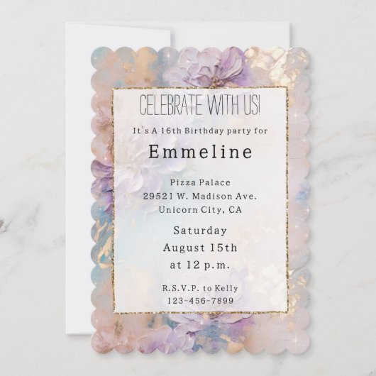 Feminine Lila Blue und Gold Floral Einladung (Vorderseite)