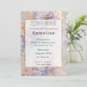 Feminine Lila Blue und Gold Floral Einladung (Stehend Vorderseite)