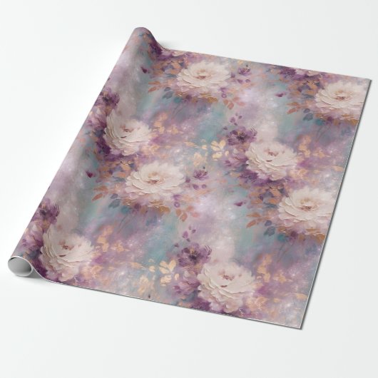 Feminine Lila Blue und Gold Floral Geschenkpapier (Ungerollt)