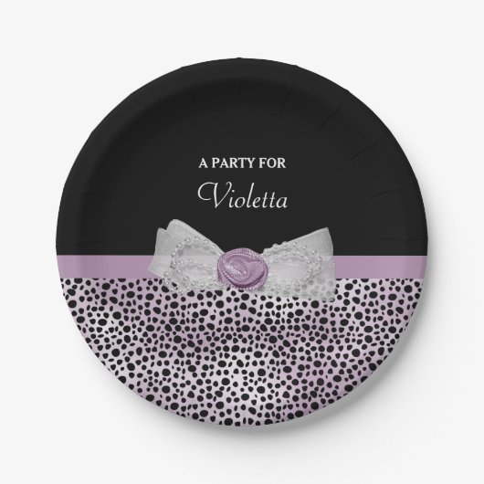 Feminine Lila Cheetah Print Girl Bow Party Name Pappteller (Vorderseite)