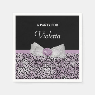 Feminine Lila Cheetah Print Girl Bow Party Name Serviette