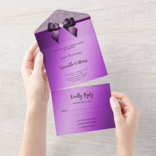 Feminine Lila Gem Bow & Glitzer Geburtstag All In One Einladung