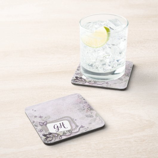 Feminine Lila Lilac Floral Mit Monogramm Getränkeuntersetzer (Rechte Seite)
