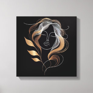 Feminine Line Art mit goldenem Blattfluss Leinwanddruck