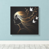 Feminine Line Art Profile with Gold Birds and Bran Leinwanddruck (Insitu (Holzboden))