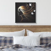 Feminine Line Art Profile with Gold Birds and Bran Leinwanddruck (Insitu (Schlafzimmer))