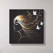 Feminine Line Art Profile with Gold Birds and Bran Leinwanddruck (Vorderseite)