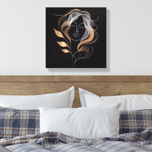Feminine Line Art with Golden Leaf Flow Leinwanddruck (Insitu (Schlafzimmer))