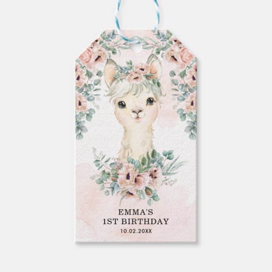 Feminine Llama Blush Pink Blumengrün Geburtstag Geschenkanhänger (Vorderseite)