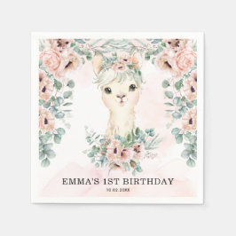 Feminine Llama Blush Pink Blumengrün Geburtstag Serviette