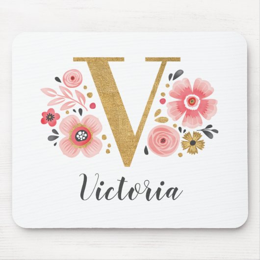 Feminine Monogram, erster rosa Goldbrief V Mousepad (Vorne)