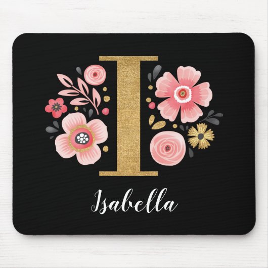 Feminine Monogram, Initial Pink Black Letter I Mousepad (Vorne)