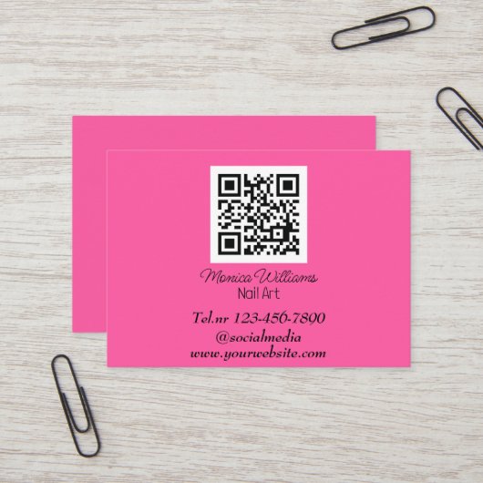Feminine Nail Art QR Code Scannable Neon Pink Visitenkarte (Vorderseite/Rückseite Beispiel)