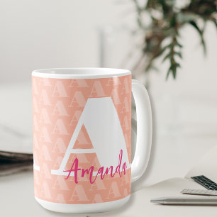 Feminine Peach Pink Initial White Letter Script Kaffeetasse