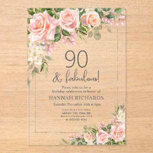 Feminine Peach Roses Floral 90. Geburtstag Acryleinladungen