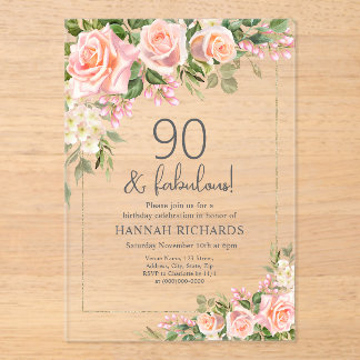 Feminine Peach | Roses Floral 90. Geburtstag Acryleinladungen