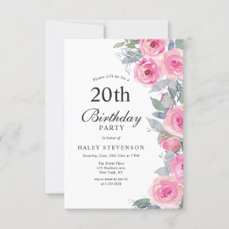 Feminine Pink Aquarell Blumenchic 20. Geburtstag Einladung