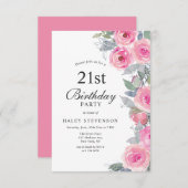 Feminine Pink Aquarell Blumenchic 21. Geburtstag Einladung (Vorne/Hinten)