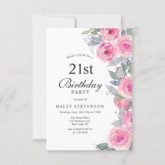 Feminine Pink Aquarell Blumenchic 21. Geburtstag Einladung
