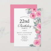 Feminine Pink Aquarell Blumenchic 22. Geburtstag Einladung (Vorne/Hinten)