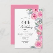 Feminine Pink Aquarell Blumenchic 44. Geburtstag Einladung (Vorne/Hinten)