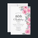 Feminine Pink Aquarell Blumenchic 60. Geburtstag Einladung<br><div class="desc">Machen Sie Ihre Geburtstagsfeier zu einer wirklich eleganten Angelegenheit mit unserer schicken und weiblichen Geburtstagseinladung. Dieses wunderschön gestaltete Interieur besticht durch delikate, rosa Blume, die einen eleganten und geistlichen Charme ausstrahlen. Die Kombination aus schicker Kalligraphie und Serifentypografie verleiht dem Gesamtdesign eine Touch von Eleganz. Egal ob Sie die Digitalversion aus...</div>