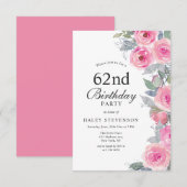 Feminine Pink Aquarell Blumenchic 62. Geburtstag Einladung (Vorne/Hinten)