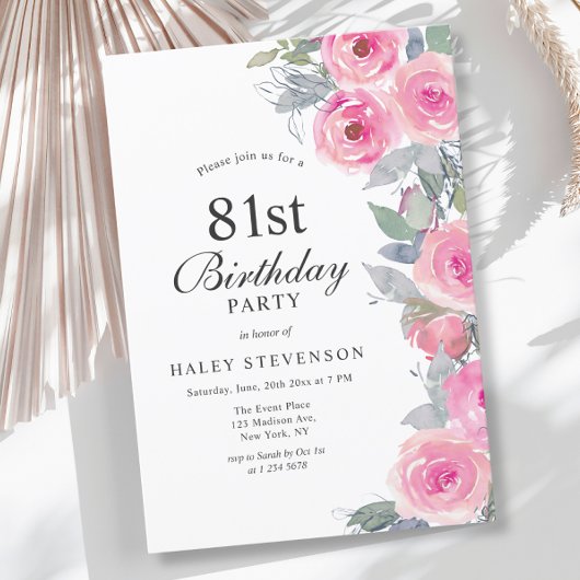 Feminine Pink Aquarell Blumenchic 81. Geburtstag Einladung