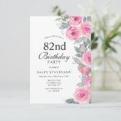 Feminine Pink Aquarell Blumenchic 82. Geburtstag Einladung (Stehend Vorderseite)