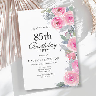 Feminine Pink Aquarell Blumenchic 85. Geburtstag Einladung