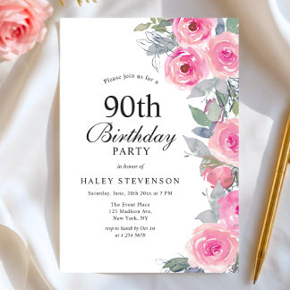 Feminine Pink Aquarell Blumenchic 90. Geburtstag Einladung