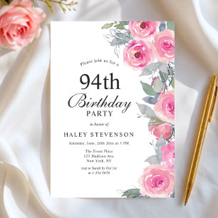 Feminine Pink Aquarell Blumenchic 94. Geburtstag Einladung