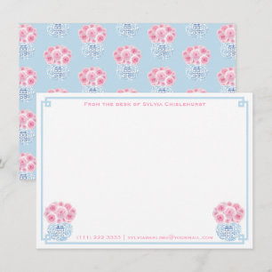 Feminine Pink Blue Double Happy Chinoiserie Dankeskarte
