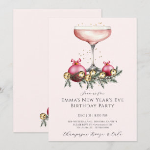 Feminine Pink-Champagner-Neujahrs-Geburtstag Einladung