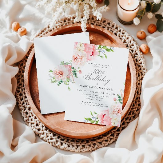 Feminine Pink Floral 100. Geburtstag Überraschung  Einladung